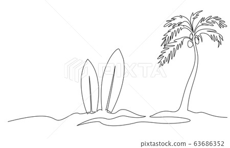 Long surfboard standing up in sand of beach 63686352