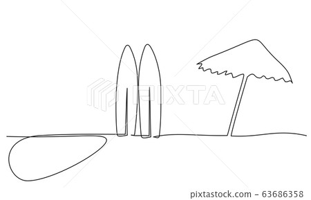 Long surfboard standing up in sand of beach 63686358