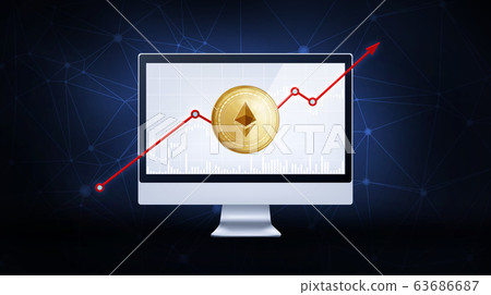 Gold ethereum coin with bull stock chart. 63686687