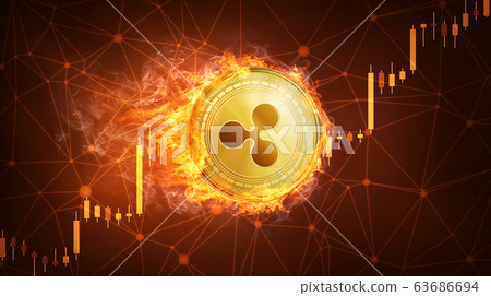 Ripple coin in fire with bull stock chart. Ripple coin in fire with bull stock chart. 63686694