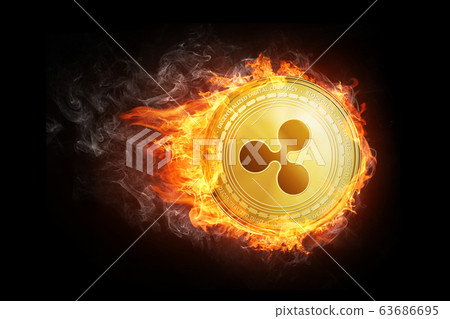 Golden Ripple coin flying in fire flame. Golden Ripple coin flying in fire flame. 63686695