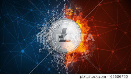Gold Litecoin coin hard fork in fire flame, lightning and water splashes. 63686760