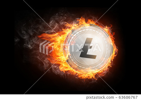 Golden Litecoin coin flying in fire flame. 63686767