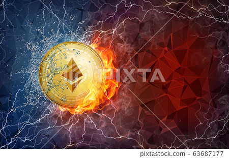 Gold ethereum coin hard fork in fire flame, lightning and water splashes. 63687177