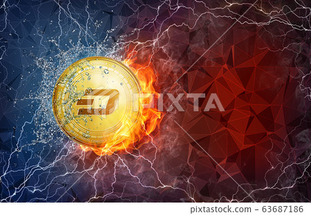 Gold dash coin hard fork in fire flame, lightning and water splashes. 63687186