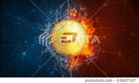 Gold dash coin hard fork in fire flame, lightning and water splashes. 63687187
