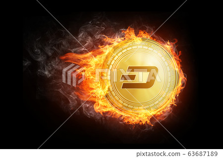 Golden dash coin flying in fire flame. Golden dash coin flying in fire flame. 63687189