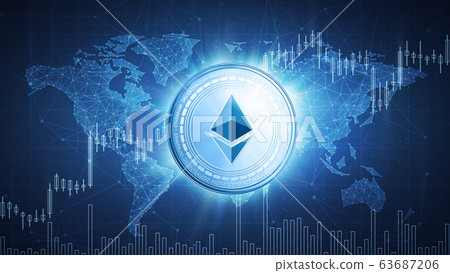 Ethereum coin on hud background with bull stock chart. 63687206
