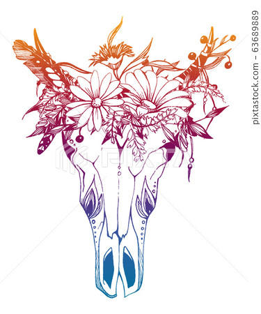 Cow, buffalo, bull skull in tribal style with flowers. Bohemian, boho vector illustration. Wild and free ethnic gypsy symbol. Cow, buffalo, bull skull in tribal style with flowers. Bohemian, boho vector illustration. Wild and free ethnic gypsy symbol. 63689889