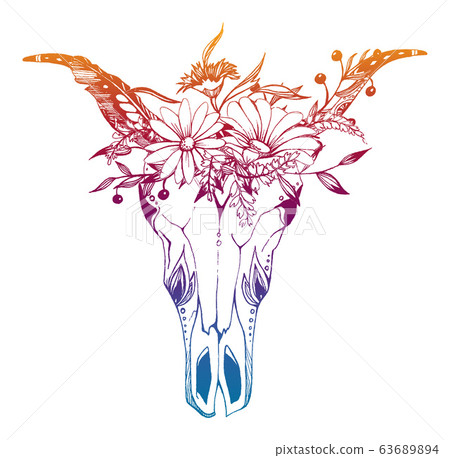 Cow, buffalo, bull skull in tribal style with flowers. Bohemian, boho vector illustration. Wild and free ethnic gypsy symbol. Cow, buffalo, bull skull in tribal style with flowers. Bohemian, boho vector illustration. Wild and free ethnic gypsy symbol. 63689894