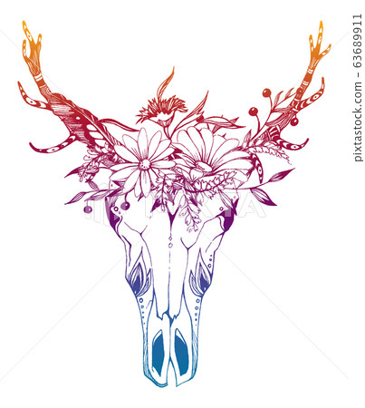 Cow, buffalo, bull skull in tribal style with flowers. Bohemian, boho vector illustration. Wild and free ethnic gypsy symbol. 63689911