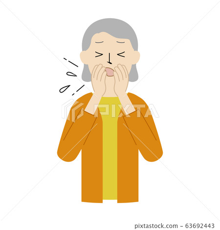 咳嗽或打噴嚏時用手摀住嘴和鼻子的高級女子的插圖 咳嗽或打噴嚏時用手摀住嘴和鼻子的高級女子的插圖 63692443
