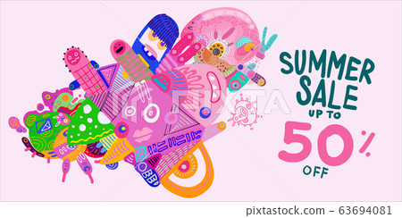 vector cartoon doodle illustration background for summer sale 50% banner  63694081