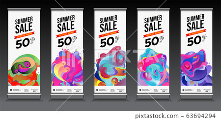 summer sale colorful geometric, fluid and curve background for roll banner. Summer sale 50% discount banner. 63694294