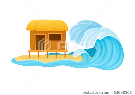 Tsunami Wave Approaching Residential House Standing on Beach Vector Illustration 63698566