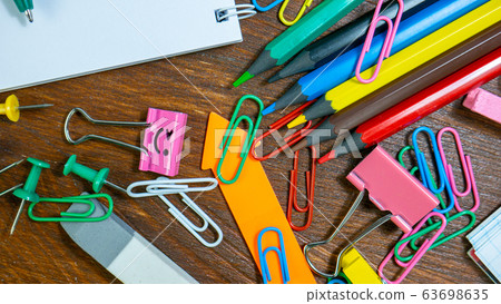 School Stationery on Brown Wooden Table School Stationery on Brown Wooden Table 63698635