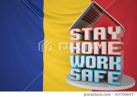 Laptop and STAY HOME WORK SAFE text on the Romanian flag background. Remote work during COVID-19 disease outbreak in Romania, 3D rendering 63700647