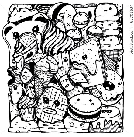 Cartoon cute doodles hand drawn dessert illustration. 63701634