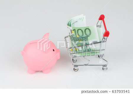 Pink piggy money box, euro banknotes and mini Pink piggy money box, euro banknotes and mini 63703541