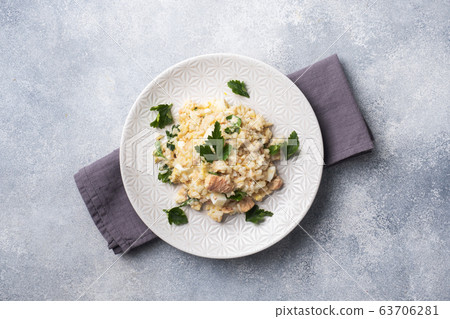 Salad of boiled rice, red fish pink salmon eggs 63706281