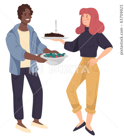 Man and woman holding dish with meat and vegetable on plate vector 63709925