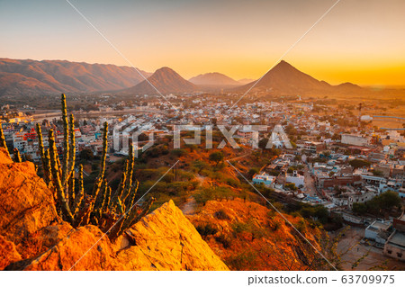 Pushkar town sunset panorama view from Papmochani Mata Hindu Temple in Pushkar, India 63709975