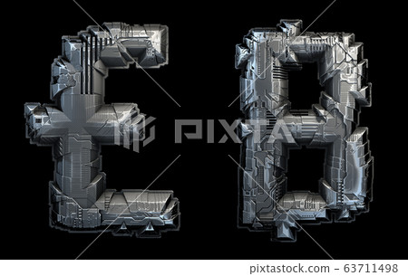Set of symbols pound and baht made of metal isolated on black background. 3d 63711498