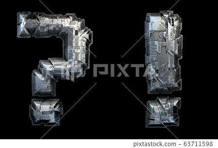 Set of symbols question mark point and exclamation point made of metal isolated on black background. 3d 63711598