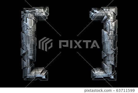 Set of symbol left and right square bracket made of metal isolated on black background. 3d 63711599