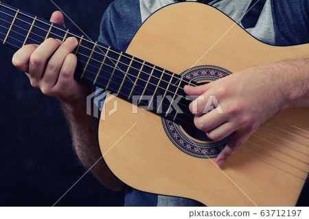 Acoustic guitar guitarist playing details. Musical Acoustic guitar guitarist playing details. Musical 63712197