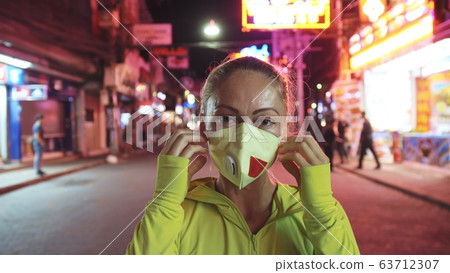Woman close up look caucasian at Pattaya Walking Street with wearing protective medical mask. Lockdown quarantine isolation. Coronavirus covid-19. 63712307