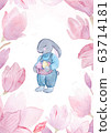Watercolor Easter bunny with eggs and flowers. 63714181