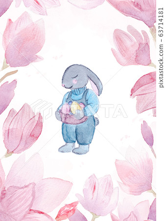 Watercolor Easter bunny with eggs and flowers. 63714181