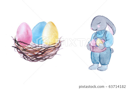 Easter eggs in nest and bunny with holiday basket 63714182