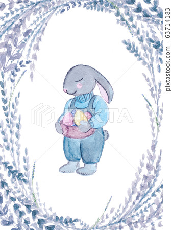 Watercolor Easter bunny with eggs and flowers. Watercolor Easter bunny with eggs and flowers. 63714183