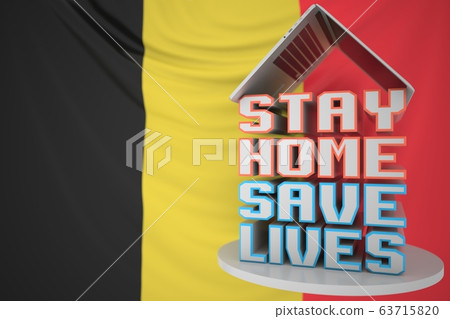 Portable computer and STAY HOME SAVE LIVES inscription with flag of Belgium as a background. Belgian COVID-19 outbreak self-isolation. 3D rendering Portable computer and STAY HOME SAVE LIVES inscription with flag of Belgium as a background. Belgian COVID-19 outbreak self-isolation. 3D rendering 63715820