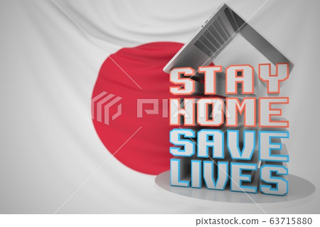 Portable computer and STAY HOME SAVE LIVES inscription with flag of Japan as a background. Japanese COVID-19 outbreak self-isolation. 3D rendering 63715880