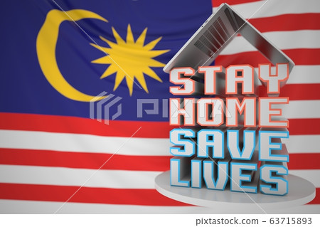 Portable computer and STAY HOME SAVE LIVES inscription with flag of Malaysia as a background. Malaysian COVID-19 outbreak self-isolation. 3D rendering Portable computer and STAY HOME SAVE LIVES inscription with flag of Malaysia as a background. Malaysian COVID-19 outbreak self-isolation. 3D rendering 63715893