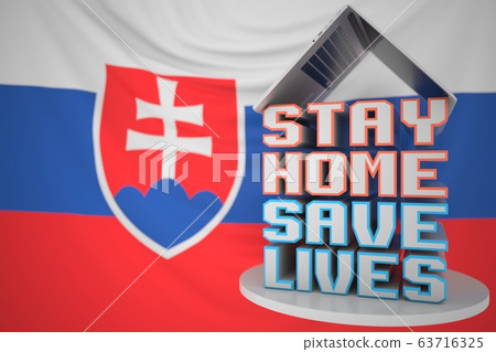 STAY HOME SAVE LIVES text and open laptop against the Slovak flag. Social distancing during COVID-19 outbreak in Slovakia. 3D rendering 63716325