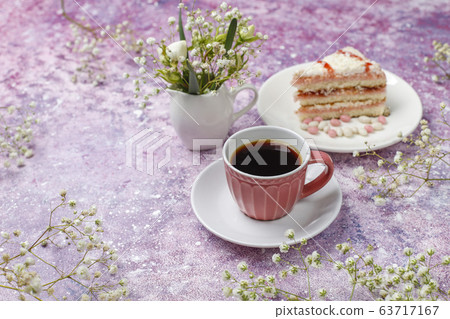 Italian tuscan traditional cookies cantuccini with almonds ,a cup of coffee on light background,top view 63717167