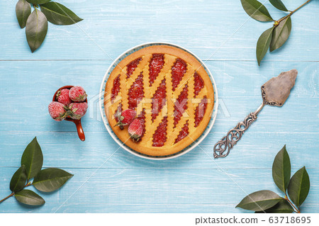 Baked strawberry jam pie cake sweet pastry top view Baked strawberry jam pie cake sweet pastry top view 63718695