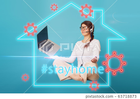 Woman levitates in lotus pose with notebook inside symbol of house that protects from viruses. Concept of quarantine. Woman levitates in lotus pose with notebook inside symbol of house that protects from viruses. Concept of quarantine. 63718873
