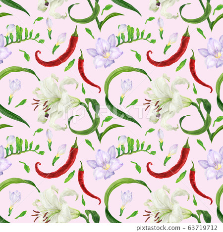 Tropical flowers and red peppers watercolor Tropical flowers and red peppers watercolor 63719712