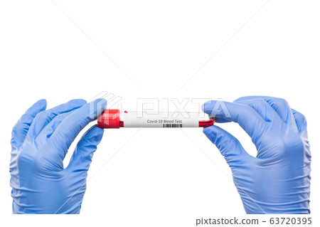 Gloved hands of nurse or virologist holding flask with sample of blood Gloved hands of nurse or virologist holding flask with sample of blood 63720395