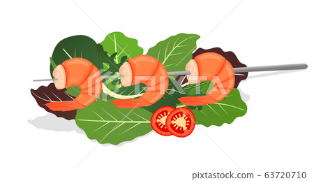 Grilled shrimp skewers on mix of lettuce leaves. 63720710