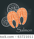 Salmon steak on dark background. Slice of red fish 63721011