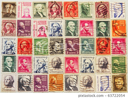 Postage stamps with a various presidents of USA and other politicians. 63722054