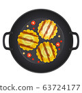 Grilled corn cob in a pan with chili peppers, 63724177