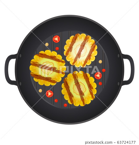 Grilled corn cob in a pan with chili peppers, 63724177