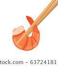 Boiled shrimp in chopsticks. Cooked tiger prawn. 63724181